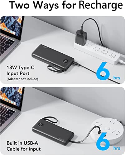 VRURC 10000mAh Power Bank With Built in Cables,USB C Battery Pack Portable Charger with 5 Outputs 2 Inputs Powerbank LED Display compatible with iPhone 14 13 12 Samsung S21 S20 Xiaomi