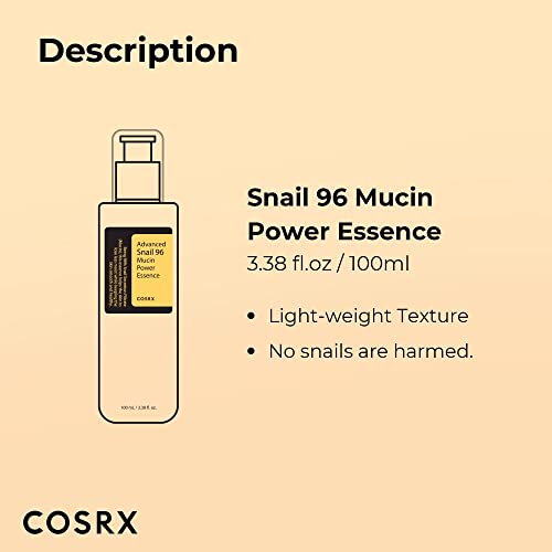 COSRX Advanced Snail 96 Mucin Power Essence 100ml, Skin Repair & Hydrating Serum, Snail Secretion Filtrate 96% & Hyaluronic acid, Korean Skincare, Cruelty Free