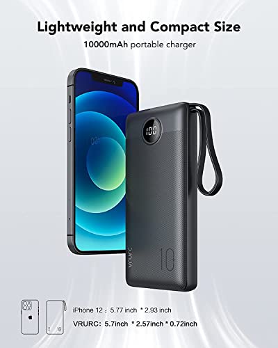 VRURC 10000mAh Power Bank With Built in Cables,USB C Battery Pack Portable Charger with 5 Outputs 2 Inputs Powerbank LED Display compatible with iPhone 14 13 12 Samsung S21 S20 Xiaomi