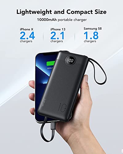 VRURC 10000mAh Power Bank With Built in Cables,USB C Battery Pack Portable Charger with 5 Outputs 2 Inputs Powerbank LED Display compatible with iPhone 14 13 12 Samsung S21 S20 Xiaomi