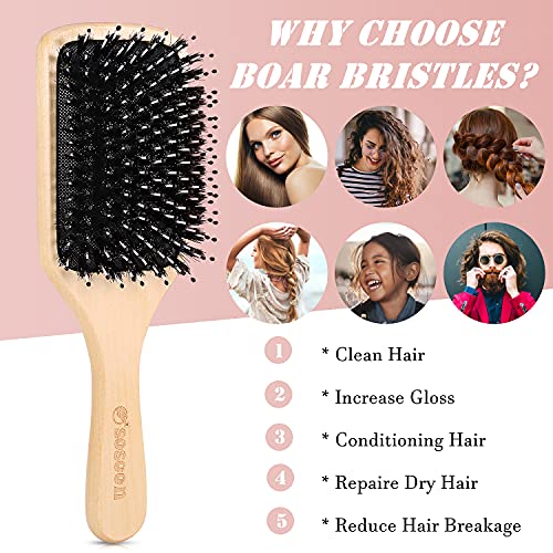 Hair Brush, Sosoon Boar Bristle Paddle Hairbrush for Long Thick Curly Wavy Dry or Damaged Hair, Reducing Hair Breakage and Frizzy No More Tangle, Giftbox & Hair Comb Included