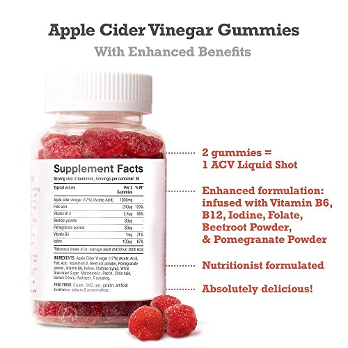 Apple Cider Vinegar Gummies with The Mother 1000mg Enhanced with Vitamin B12 & Folic Acid | 60 High Strength ACV Vegan Capsules with Pomegranate & Beetroot Powder | Natural Ingredients | Free Soul