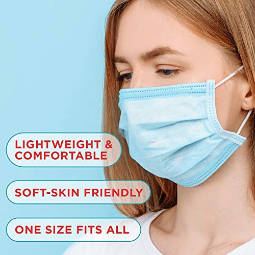 Harley Street Care Disposable Blue Face Masks Protective 3 Ply Breathable Triple Layer Mouth Cover with Elastic Earloops (Pack of 100)