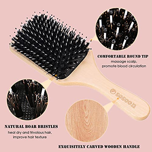 Hair Brush, Sosoon Boar Bristle Paddle Hairbrush for Long Thick Curly Wavy Dry or Damaged Hair, Reducing Hair Breakage and Frizzy No More Tangle, Giftbox & Hair Comb Included