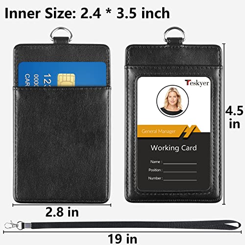 Teskyer Card Holder with Lanyard, ID Badge Holder with Clear Window and Holds 2 Cards, PU Leather Vertical Badge Holder for ID Cards, Offices, Schools, Bus Passes, Black