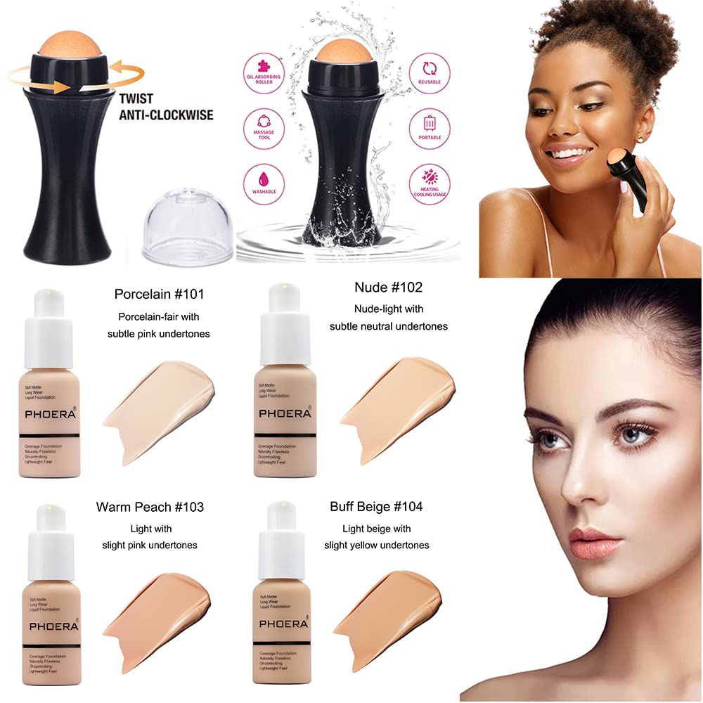 6PCS Liquid Foundation Set Matte Liquid Full Coverage Foundation with Face Primer Volcanic Stone Oil Rollers Foundation Brush Makeup Sponge Makeup Set (#104)